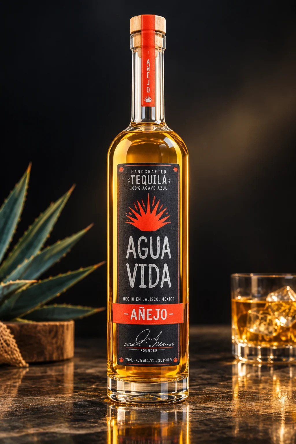 Agua Vida Añejo tequila bottle on a dark stone counter beside an agave plant and a glass on ice