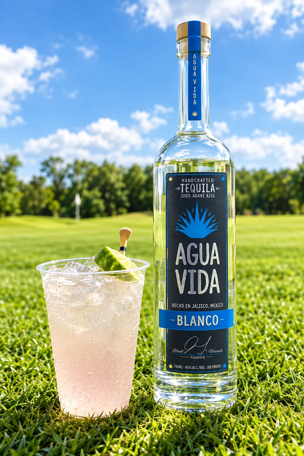 Agua Vida Blanco bottle standing on a sunlit golf-course lawn beside an iced lime cocktail