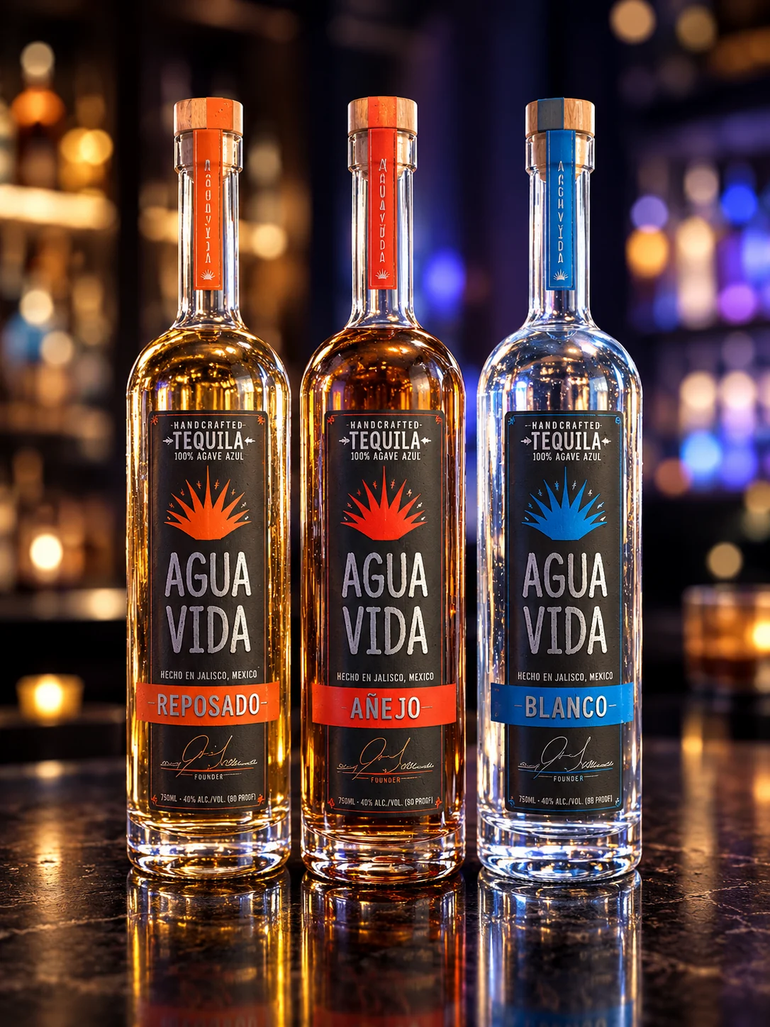 Agua Vida Reposado, Añejo and Blanco bottles standing together on a softly lit bar