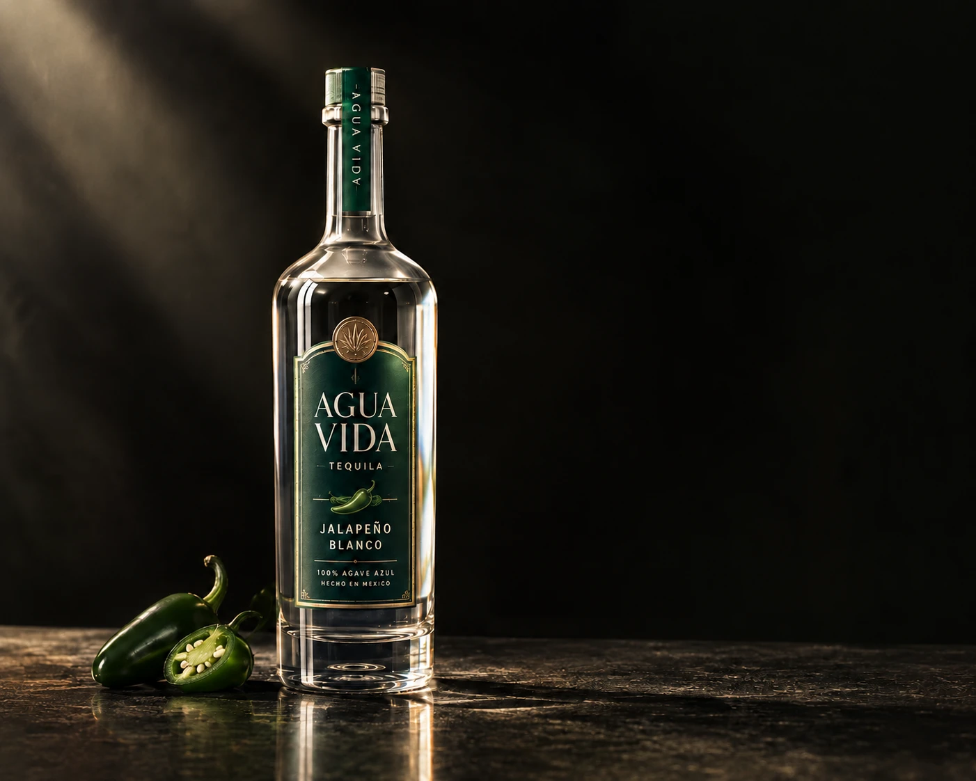 Agua Vida Jalapeño Blanco tequila bottle beside fresh jalapeños on a dark studio background