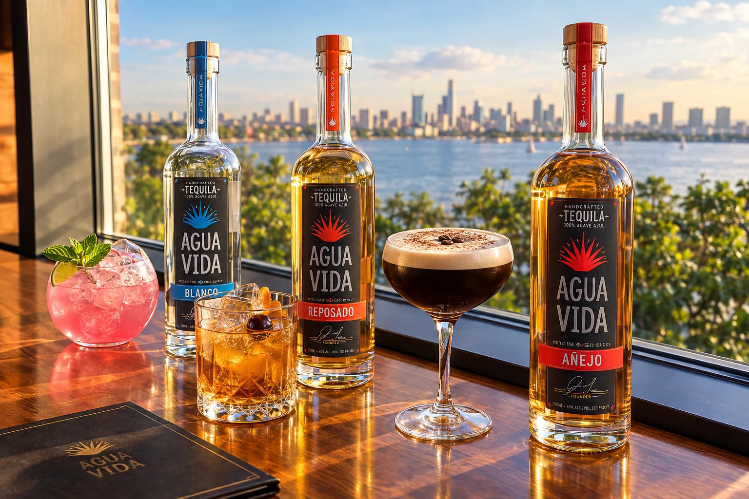 Agua Vida Blanco, Reposado and Añejo bottles with cocktails on a table beside a large window overlooking a city and water at golden hour