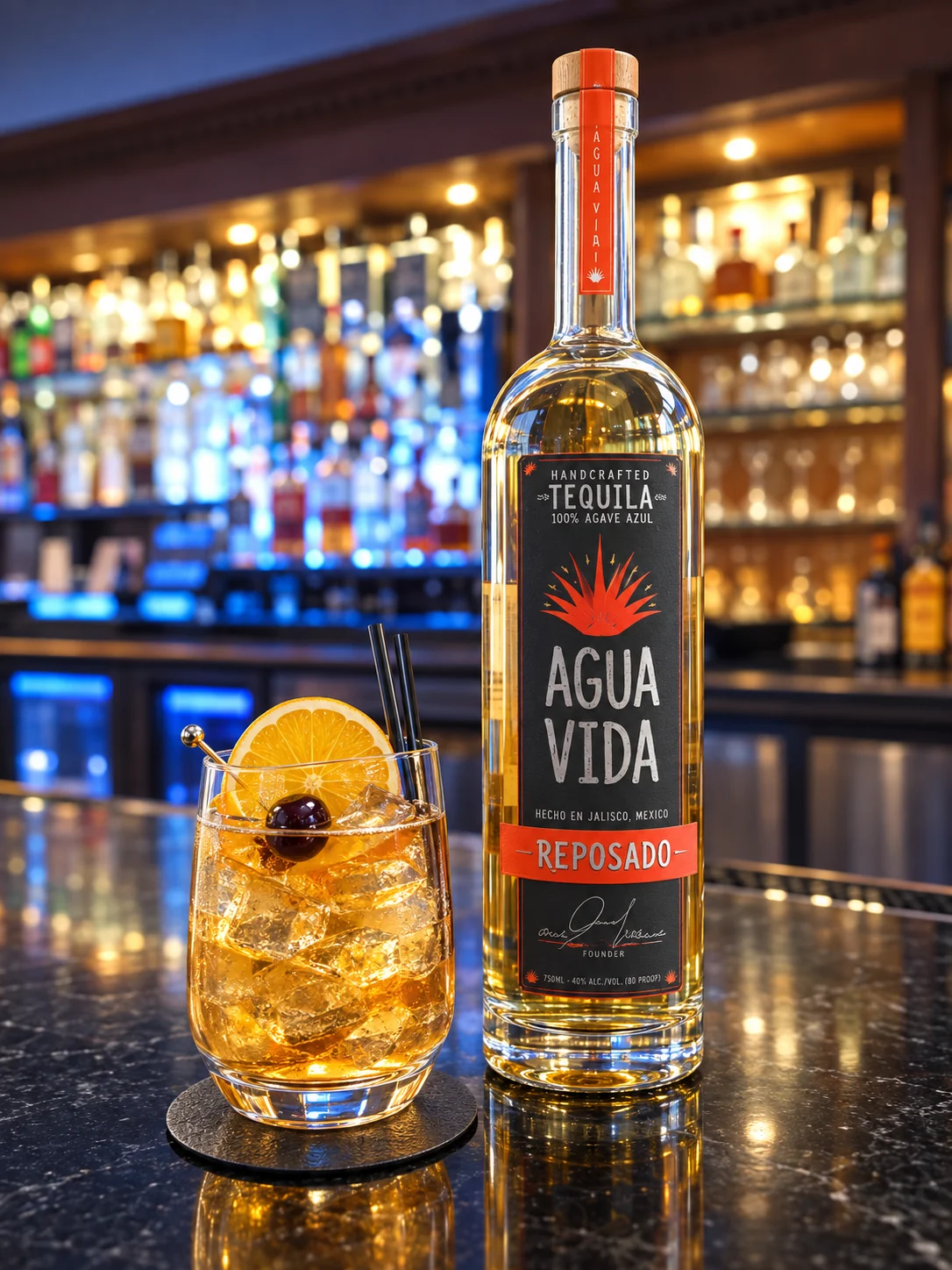 Agua Vida Reposado tequila bottle on a marble bar beside an iced cocktail with orange and cherry